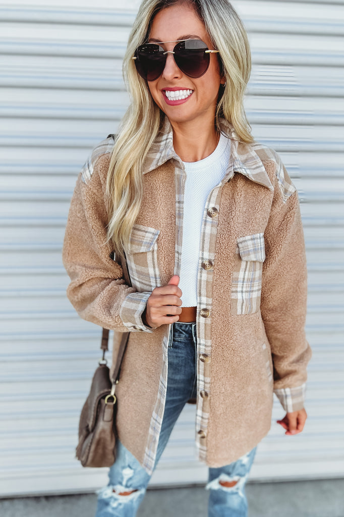 Under the Stars Plaid Accent Camel Sherpa Shacket