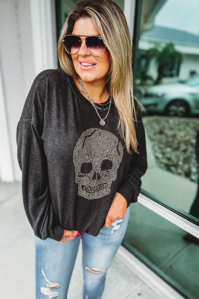 Studded Skull Charcoal Brushed Hacci Top