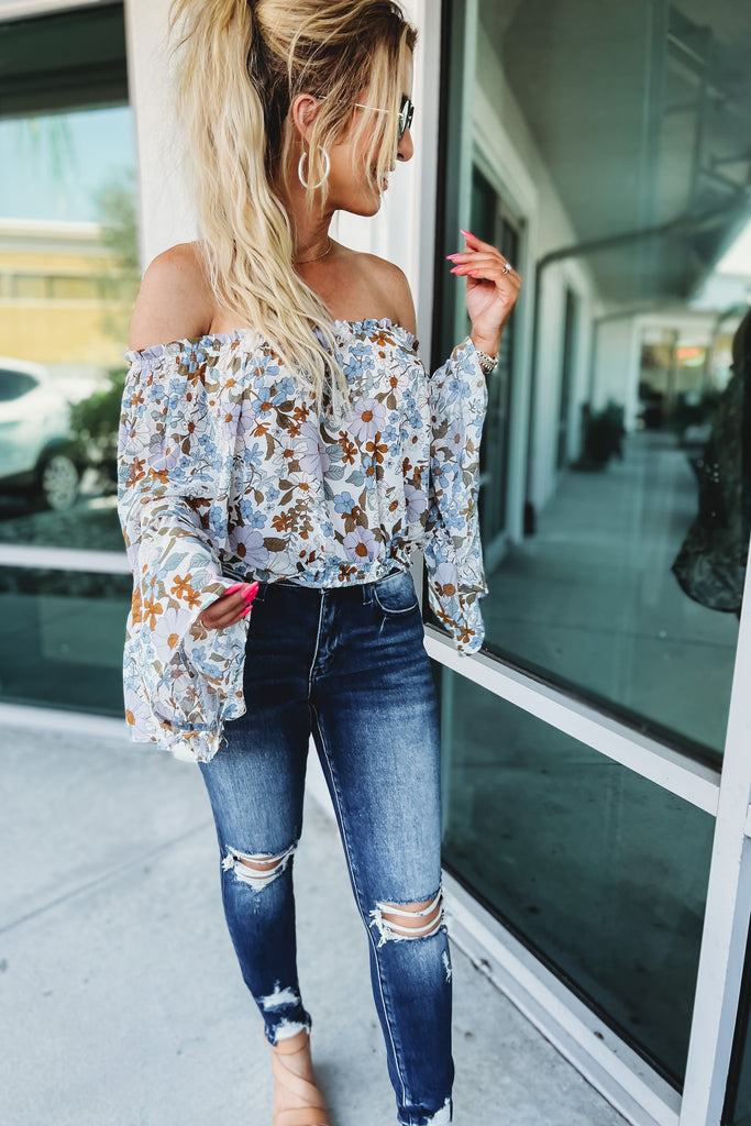 Any Day Now Blue Floral Off Shoulder Crop Top