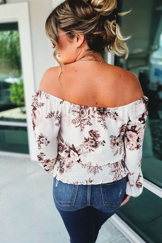 Nostalgic Feeling Off Shoulder Smocked Ivory Floral Top