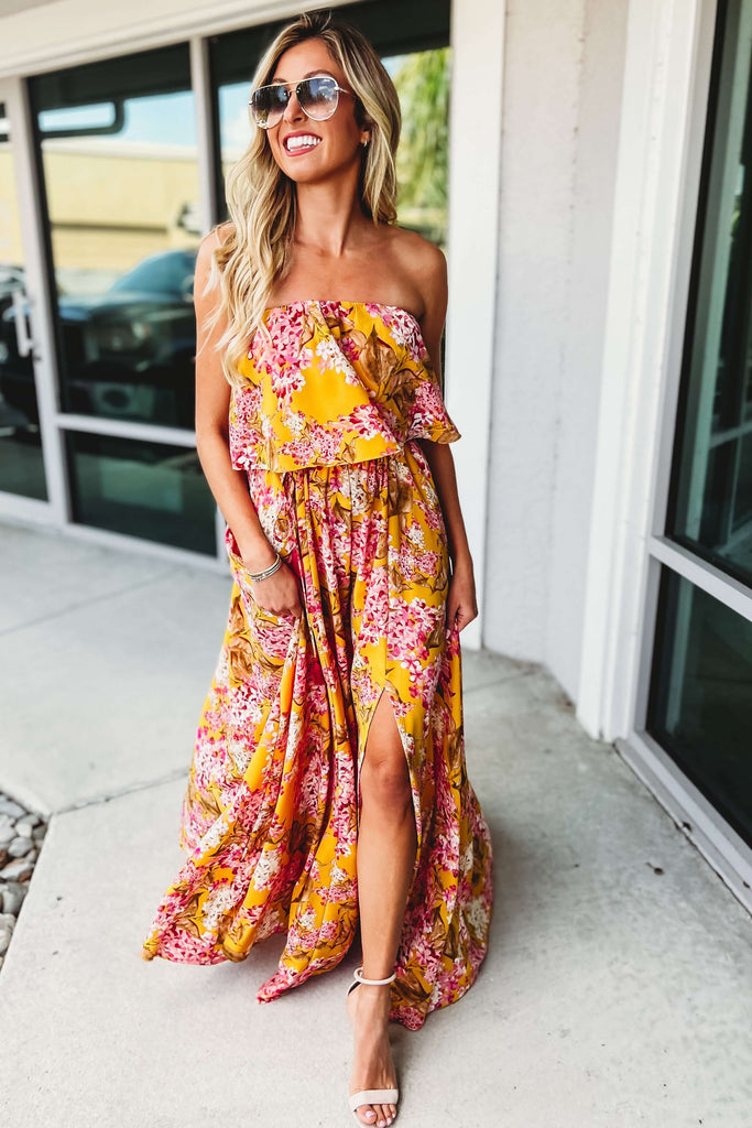 Never Say Never Strapless Yellow Floral Maxi Dress