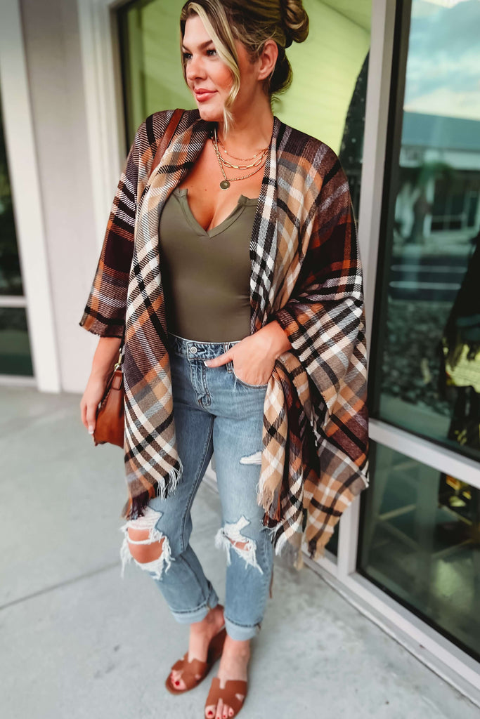 Camel Brown Plaid Kimono with Belt