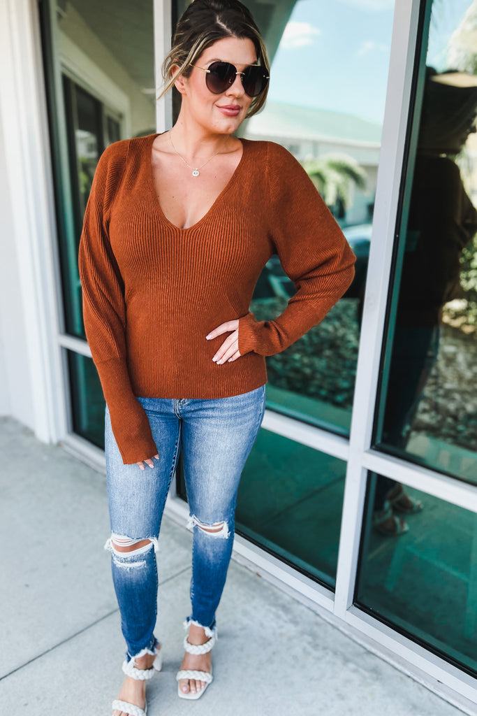 My Side of Town Puff Sleeve Rust Sweater Top