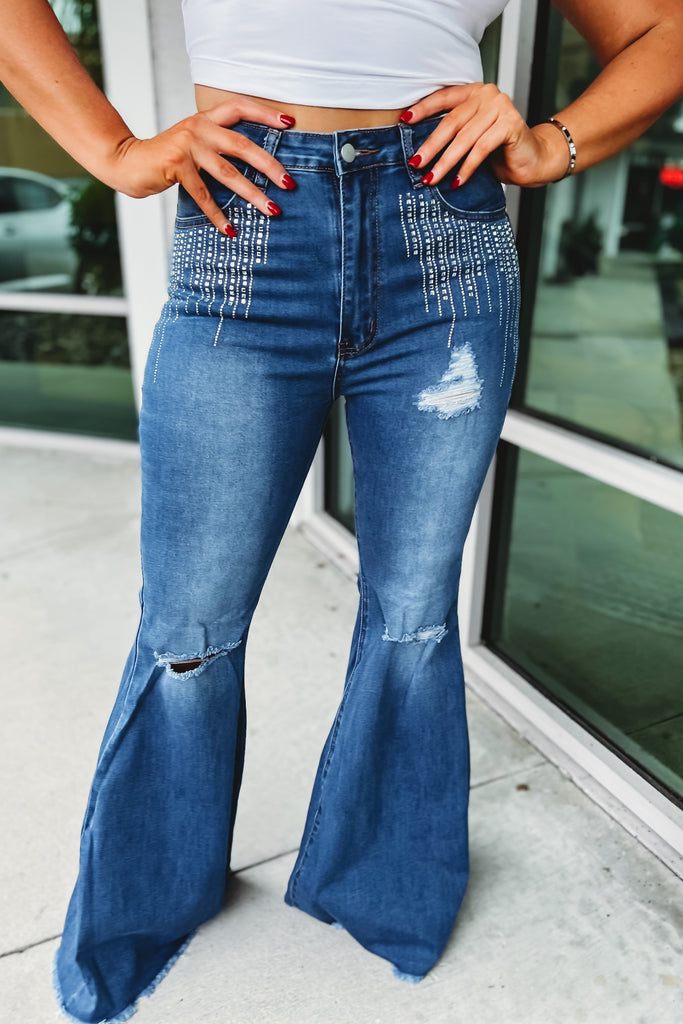 Carrie High Rise Distressed Rhinestone Accent Super Flare Jeans
