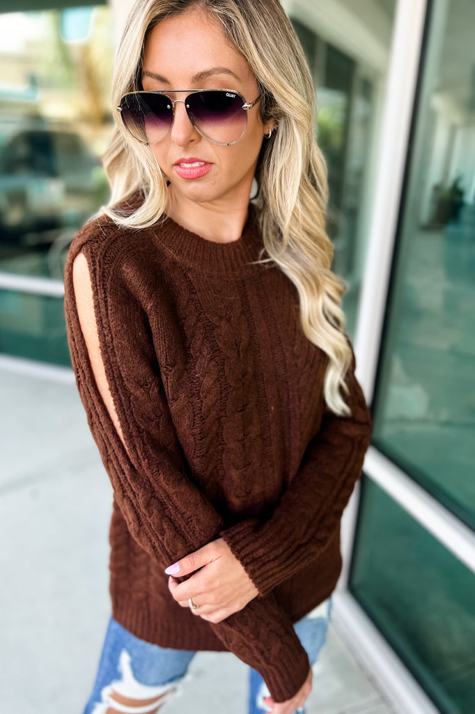 One More Chance Cold Shoulder Brown Sweater