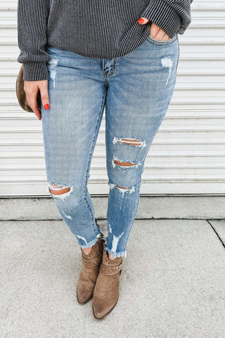 (PREORDER) KANCAN Edge of Glory Distressed Medium Wash Mid Rise Jeans - Simply Me Boutique