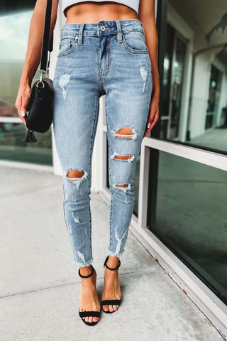 (PREORDER) KANCAN Edge of Glory Distressed Medium Wash Mid Rise Jeans - Simply Me Boutique