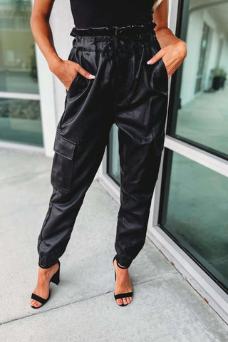 (PREORDER) KANCAN Super High Rise Black Leather Paperbag Joggers - Simply Me Boutique