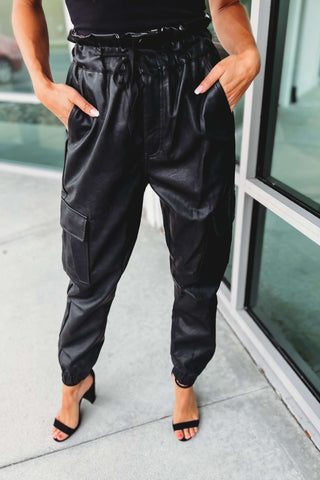 (PREORDER) KANCAN Super High Rise Black Leather Paperbag Joggers - Simply Me Boutique